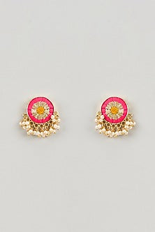 Matte Gold Finish Yellow & Hot Pink Embroidered Necklace Set