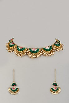 Gold Plated Green Enameled Necklace Set