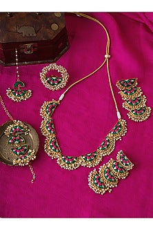 Matte Gold Finish Dark Green & Pink Zari Silk Embroidered Layered Semi-Circular Necklace Set