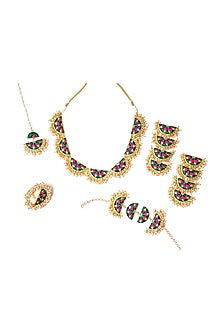 Matte Gold Finish Dark Green & Pink Zari Silk Embroidered Layered Semi-Circular Necklace Set