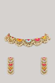 Gold Plated Multi-Colored Enameled & Pearl Necklace Set