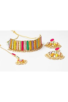 Matte Gold Finish Pearl Hanging Rectangular Choker Necklace Set