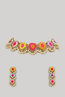 Gold Plated Multi-Colored Enameled Necklace Set