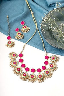Matte Gold Finish Zari Silk Embroidered & Pearl hanging Layered Necklace Set