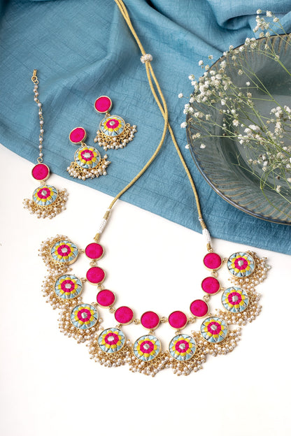 Matte Gold Finish Zari Silk Embroidered & Pearl hanging Layered Necklace Set