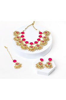 Matte Gold Finish Zari Silk Embroidered & Pearl hanging Layered Necklace Set