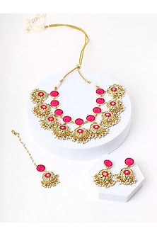 Matte Gold Finish Zari Silk Embroidered & Pearl hanging Layered Necklace Set