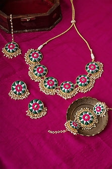 Matte Gold Finish Zari Silk Embroidered & Pearl hanging Layered Circular Necklace Set