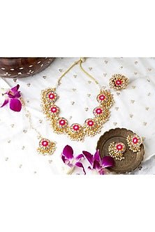 Matte Gold Finish Zari Silk Embroidered & Pearl hanging Layered Circular Necklace Set