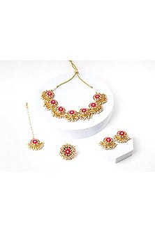 Matte Gold Finish Zari Silk Embroidered & Pearl hanging Layered Circular Necklace Set