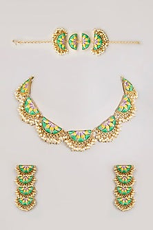 Gold Finish Multi-Colored Stone Semi-Circular  Necklace