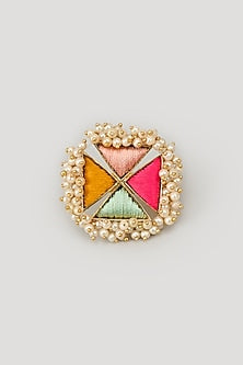 Matte Gold Finish Multi-Colored Embroidered & Pearl Ring