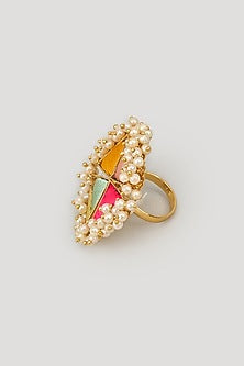 Matte Gold Finish Multi-Colored Embroidered & Pearl Ring