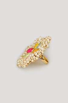 Matte Gold Finish Multi-Colored Embroidered & Pearl Ring