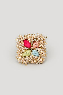 Matte Gold Finish Multi-Colored Embroidered & Pearl Ring