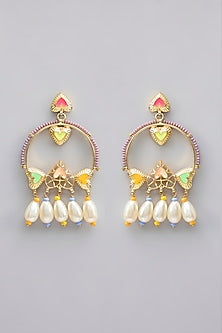 Gold Plated Pearl Beaded Multi-Colored Enameled Hoop Earrings