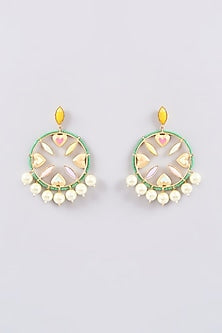 Gold Finish Multi-Colored Bead & Crystal Enameled Dangler Earrings