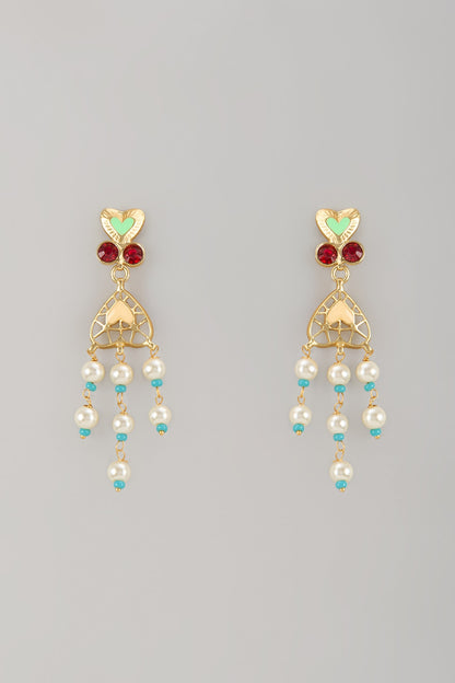 Gold Finish Pearl Multi-Colored Enameled Dangler Earrings