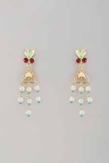 Gold Finish Pearl Multi-Colored Enameled Dangler Earrings