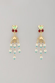 Gold Finish Pearl Multi-Colored Enameled Dangler Earrings