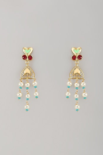 Gold Finish Pearl Multi-Colored Enameled Dangler Earrings