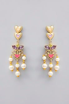 Gold Plated Pearl Multi-Colored Enameled Chandelier Earrings