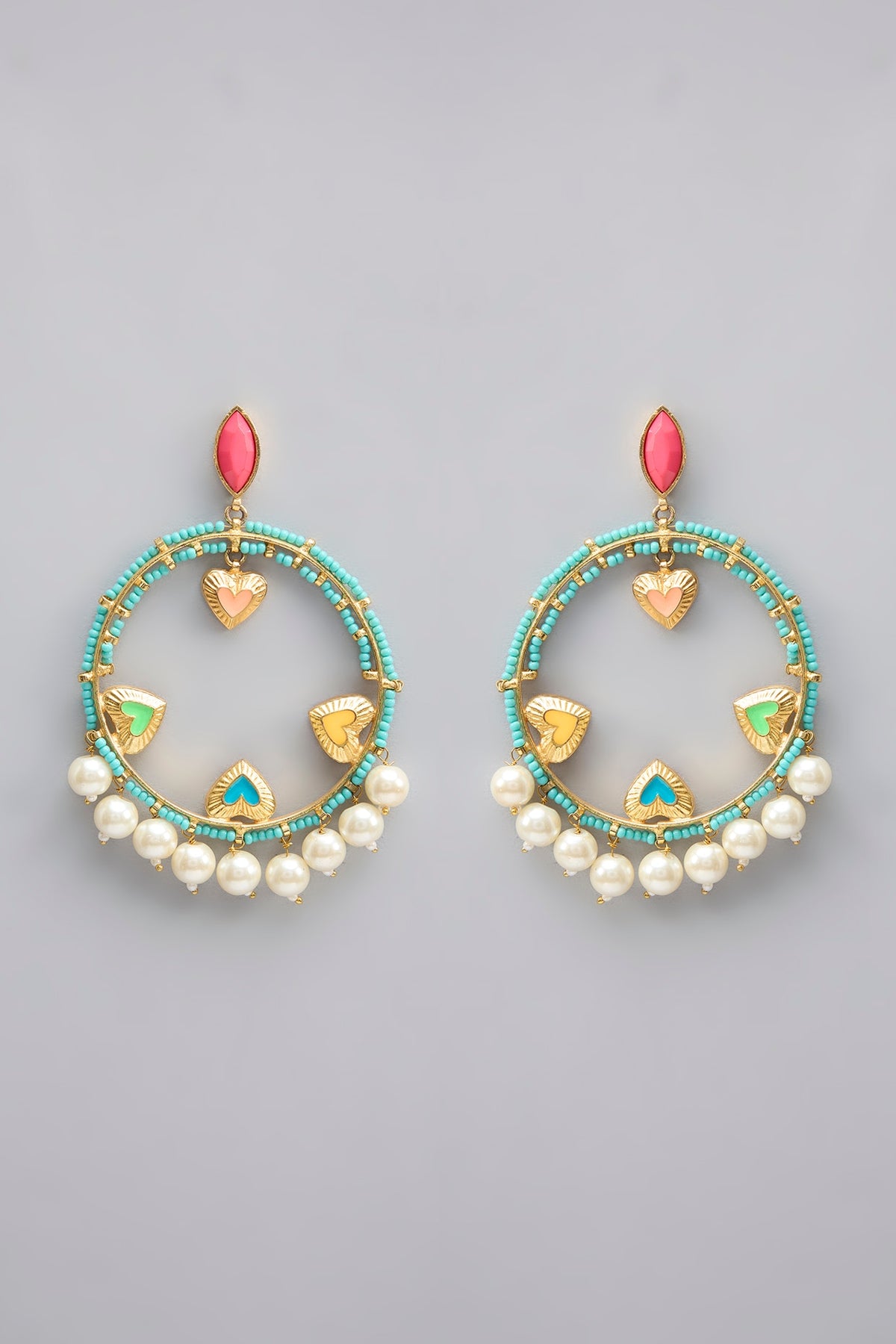 Gold Plated Pearl Multi-Colored Enameled Dangler Earrings
