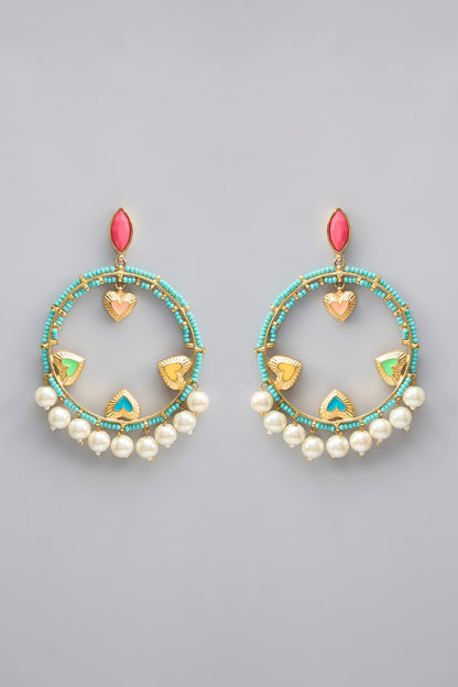 Gold Plated Pearl Multi-Colored Enameled Dangler Earrings