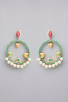 Gold Plated Pearl Multi-Colored Enameled Dangler Earrings
