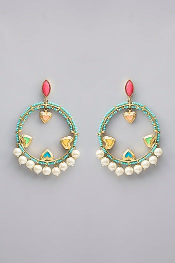 Gold Plated Pearl Multi-Colored Enameled Dangler Earrings