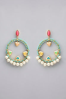 Gold Plated Pearl Multi-Colored Enameled Dangler Earrings