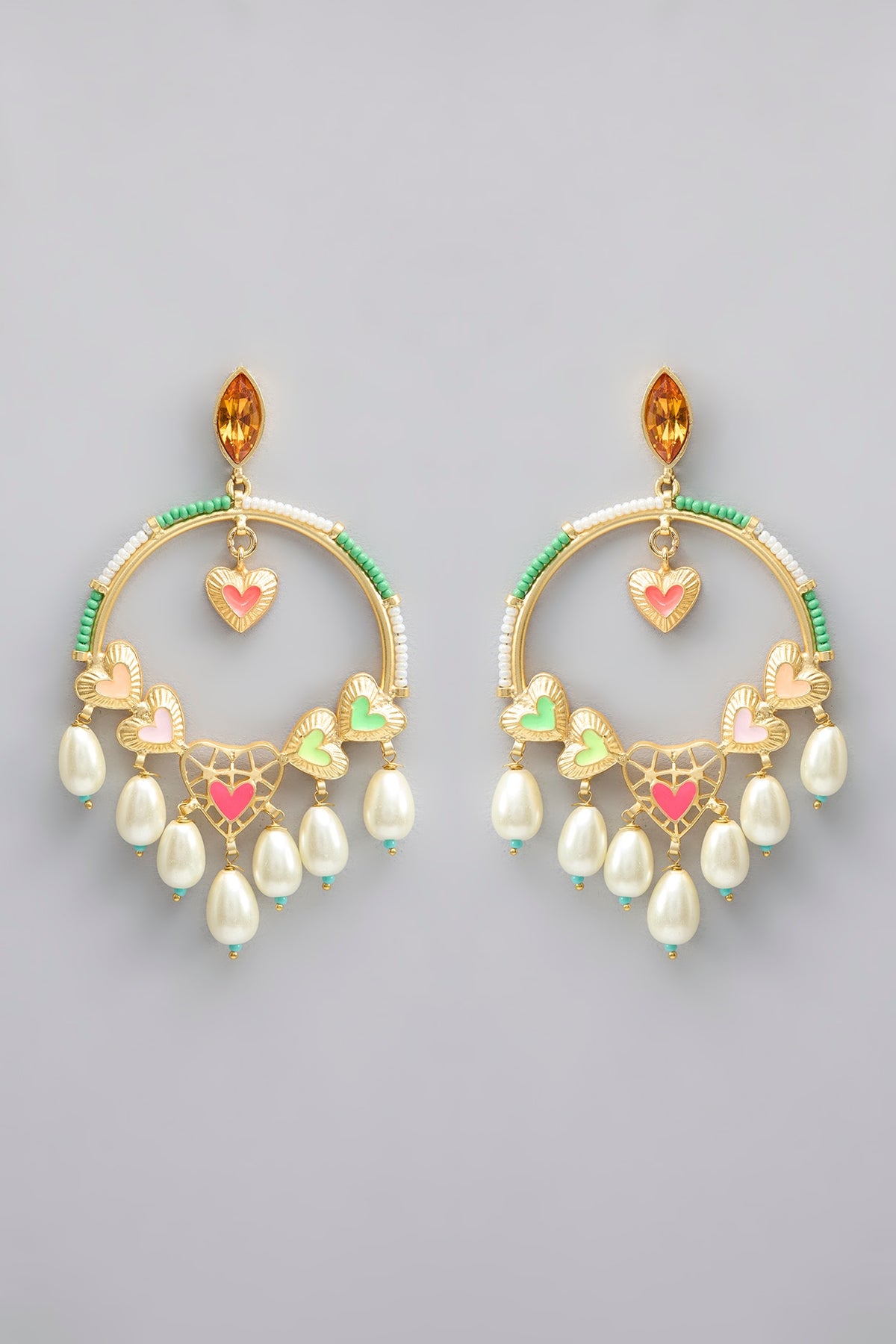 Gold Plated Pearl Multi-Colored Enameled Dangler Earrings