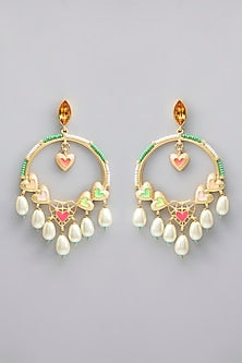 Gold Plated Pearl Multi-Colored Enameled Dangler Earrings