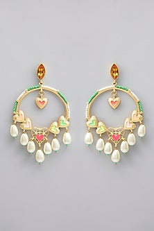 Gold Plated Pearl Multi-Colored Enameled Dangler Earrings