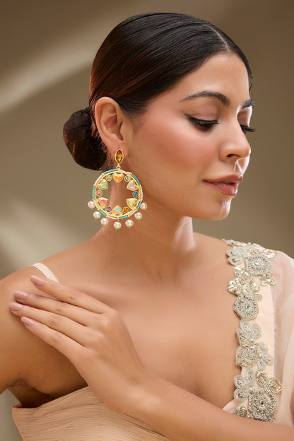 Gold Finish Pearl Enameled Dangler Earrings
