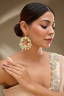 Gold Finish Pearl Enameled Dangler Earrings