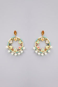 Gold Finish Pearl Enameled Dangler Earrings