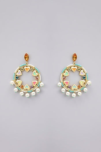 Gold Finish Pearl Enameled Dangler Earrings