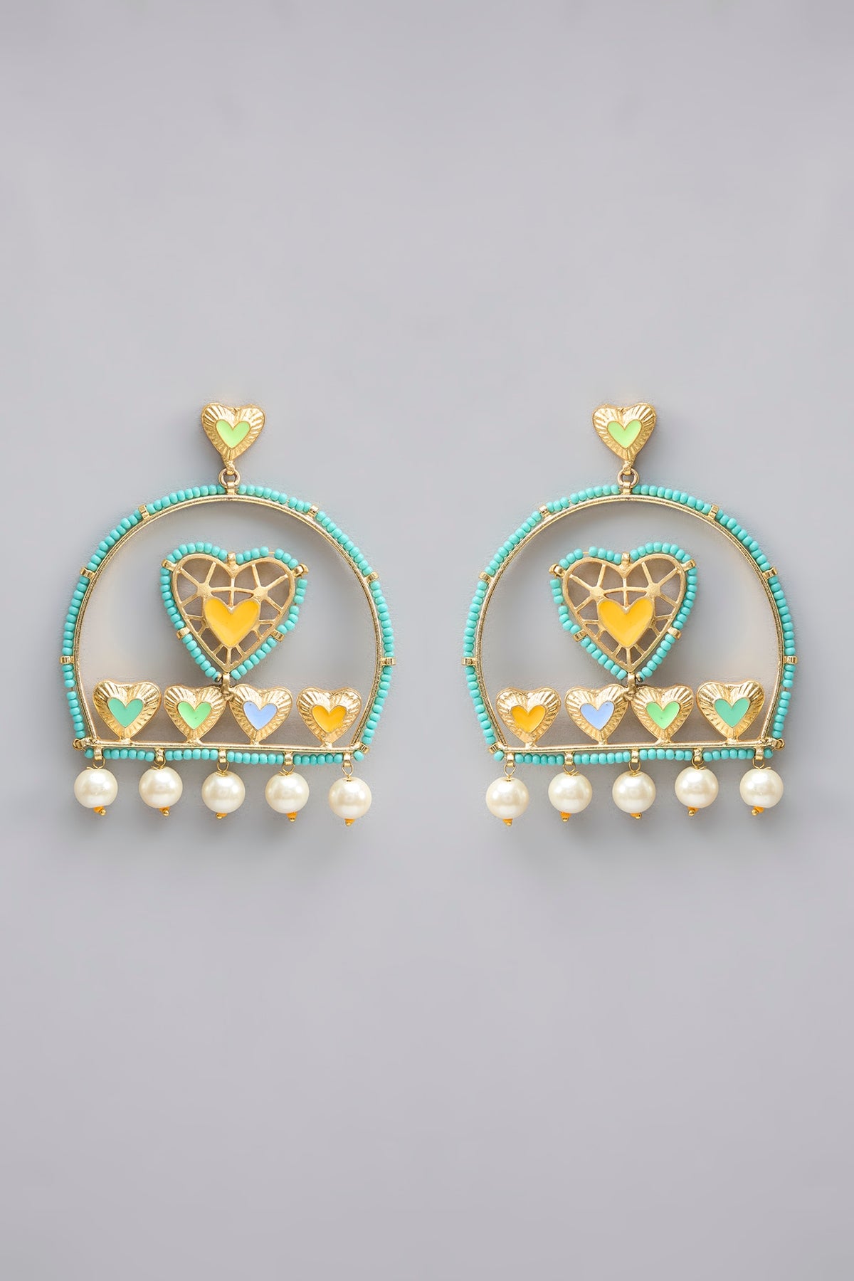 Gold Plated Pearl Multi-Colored Enameled Dangler Earrings