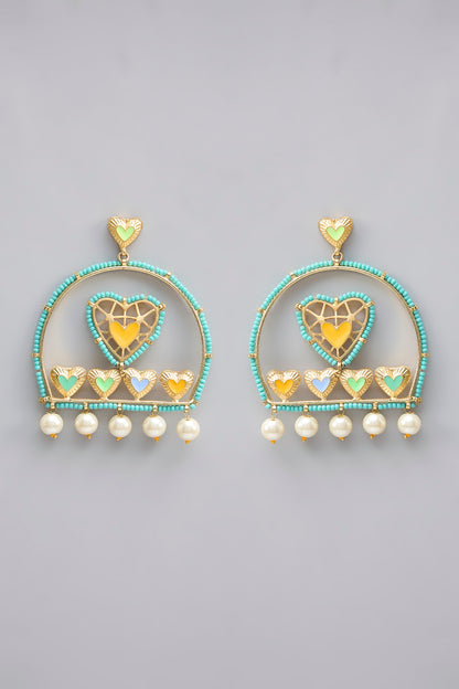 Gold Plated Pearl Multi-Colored Enameled Dangler Earrings