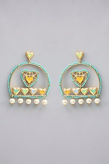 Gold Plated Pearl Multi-Colored Enameled Dangler Earrings