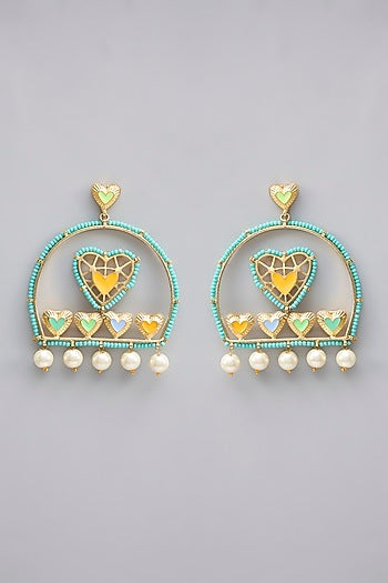 Gold Plated Pearl Multi-Colored Enameled Dangler Earrings