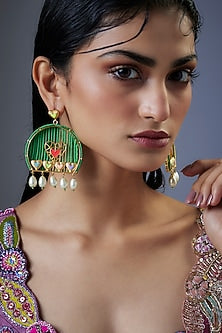 Gold Finish Swarovski Multi-Colored Enameled Jhumka Earrings