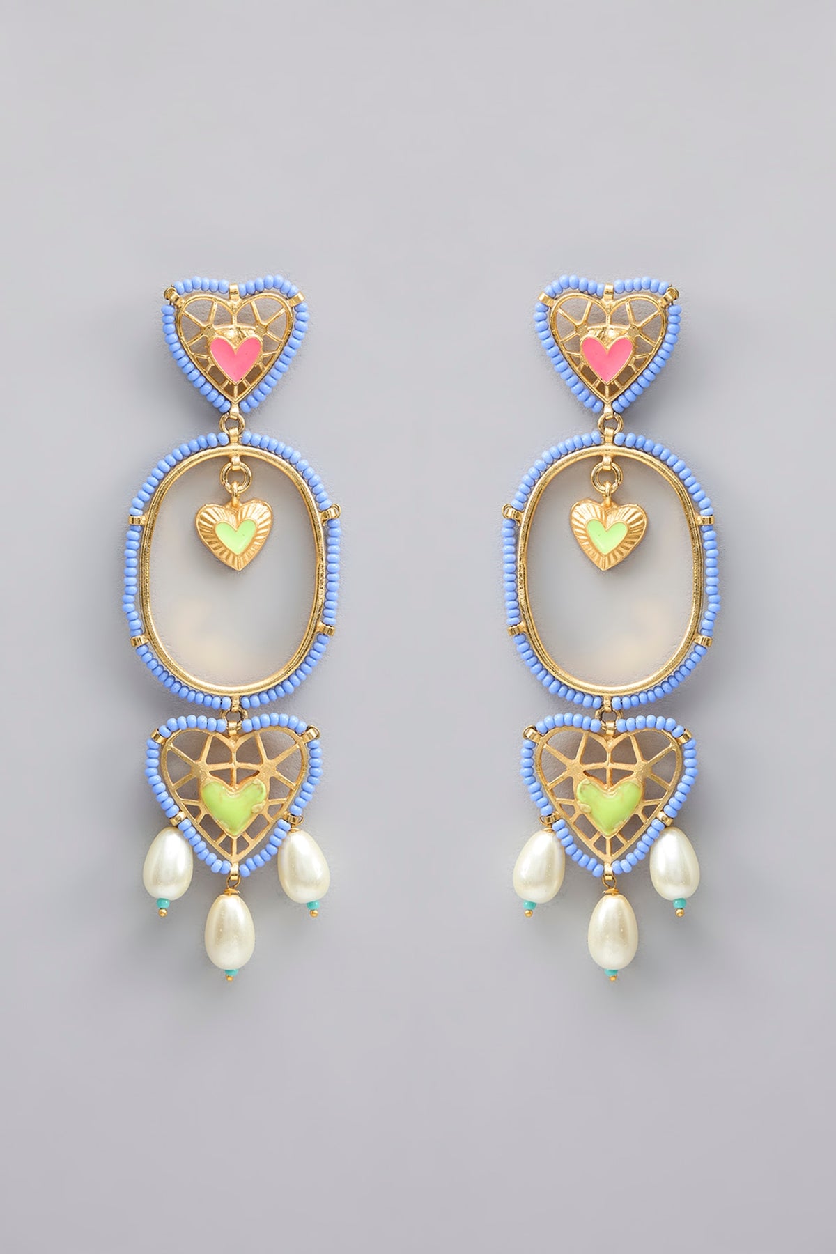 Gold Plated Pearl Multi-Colored Enameled Dangler Earrings