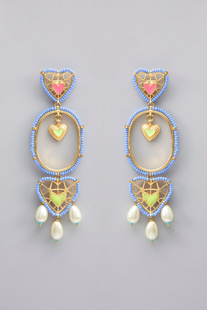 Gold Plated Pearl Multi-Colored Enameled Dangler Earrings