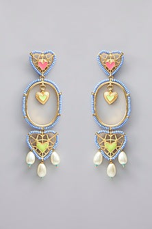 Gold Plated Pearl Multi-Colored Enameled Dangler Earrings