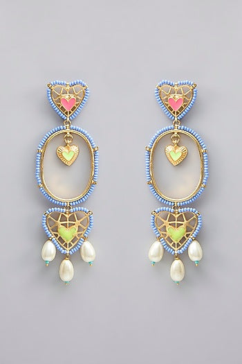 Gold Plated Pearl Multi-Colored Enameled Dangler Earrings