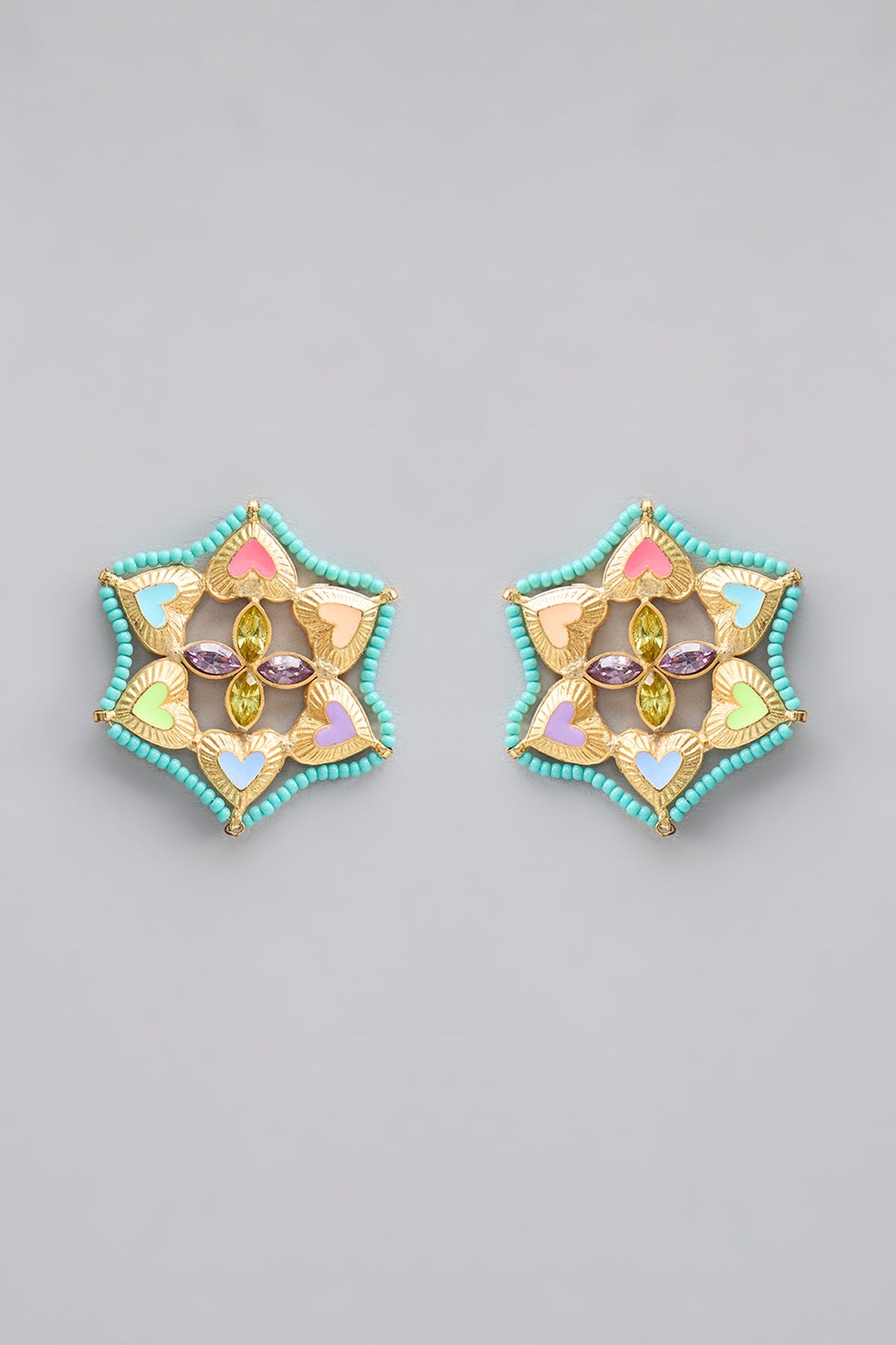 Gold Plated Pearl Multi-Colored Enameled Stud Earrings