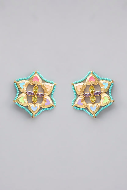 Gold Plated Pearl Multi-Colored Enameled Stud Earrings