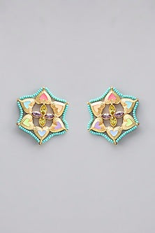 Gold Plated Pearl Multi-Colored Enameled Stud Earrings